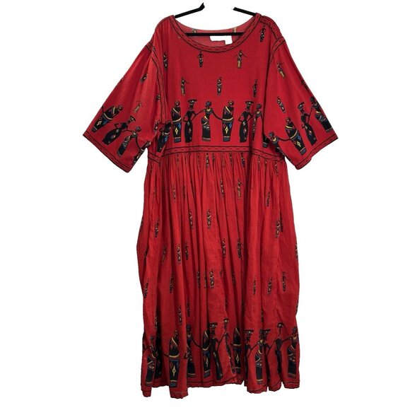 WOMAN WITHIN African Ethnic Print Maxi Crinkle Dress Short Sleeve Sz 3X Red 18-5 - Picture 1 of 10